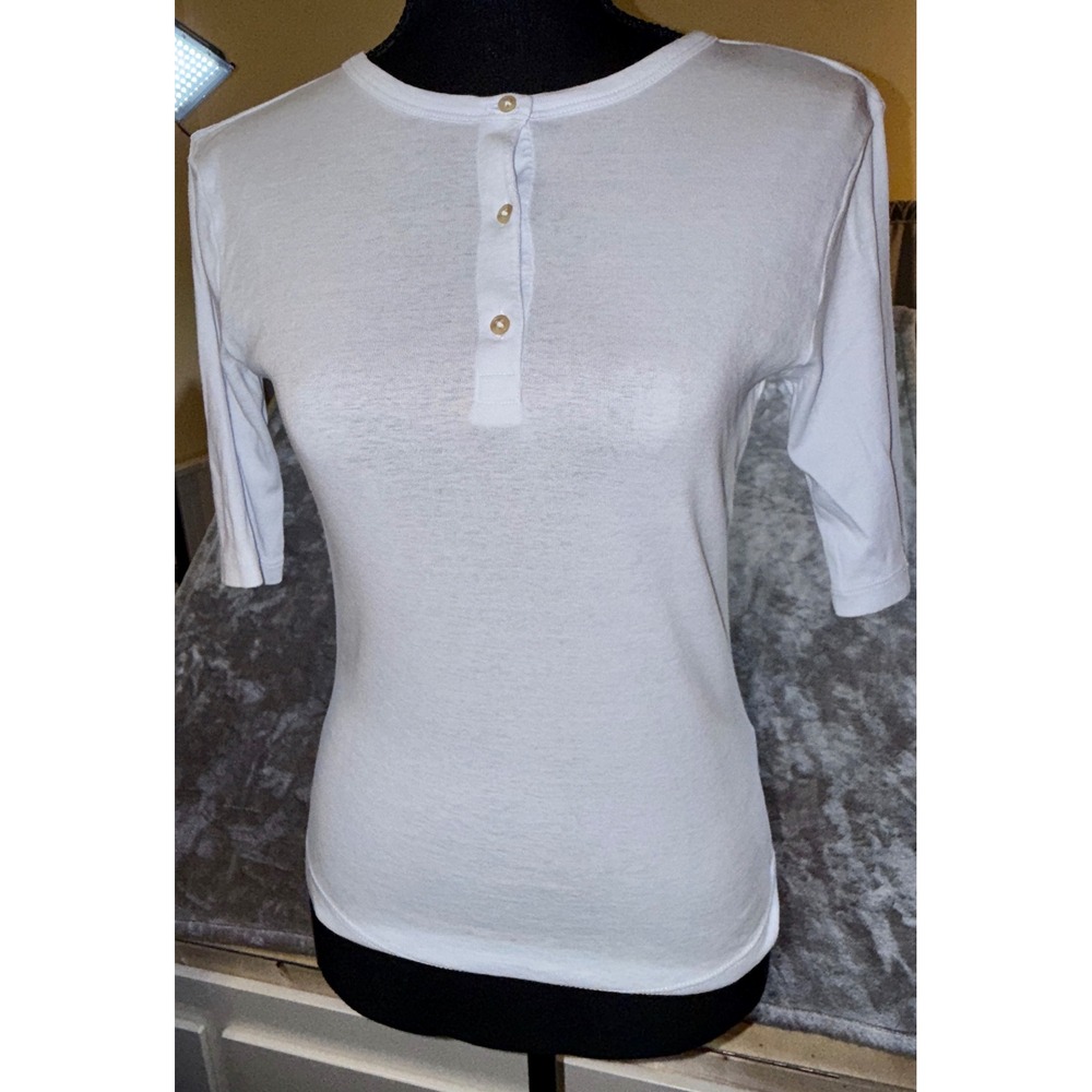 Vince Henley Top Women S White‎ Good Pima Cotton Elbow Sleeve Button Placket